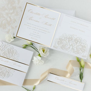 Luxury Floral Laser Cut Lace Pocketfold Wedding Invitation Suite with 3 Tier : Guest Info , Travel & Rsvp Card  White Wedding Folder