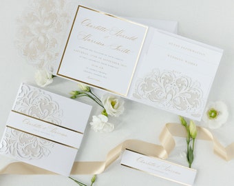 Luxury Floral Laser Cut Lace Pocketfold Wedding Invitation Suite with 3 Tier: Guest Info, Travel & RSVP Card, White Wedding Folder