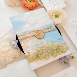 Romantica suite per inviti di nozze in California con pergamena, sigillo di cera, lamina d'oro, invito a nozze di Laguna Beach, set di nozze di destinazione minimale