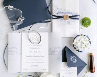 Marine perkament boekdruk bruiloft uitnodiging, locatie Villa Pliniana illustratie, Blue Lake Como trouwsuite, aquarel locatie uitnodiging