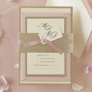 Modern Gold Glitter Wedding Invitation with Belly Band, Simple Rose Pink Elegance Pink Ribbon, Custom Tag, Rsvp Card Envelopes w/ Liners Day +Rsvp/as listing