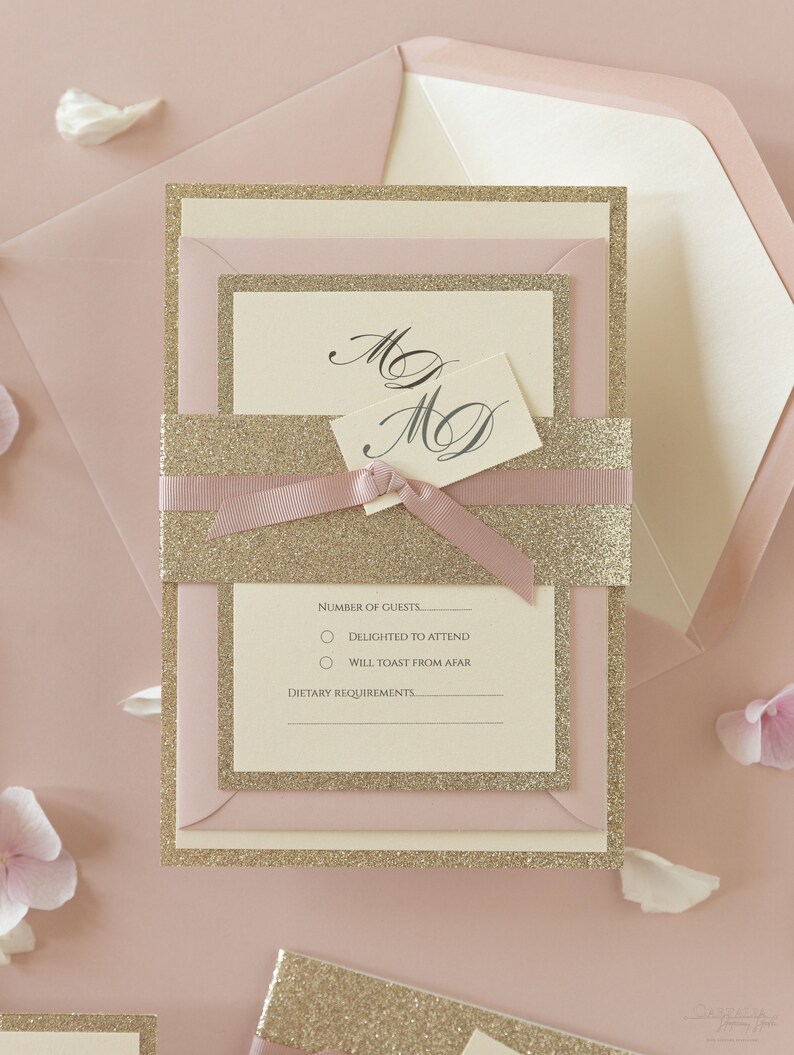 Modern Gold Glitter Wedding Invitation with Belly Band, Simple Rose Pink Elegance Pink Ribbon, Custom Tag, Rsvp Card Envelopes w/ Liners Day +Rsvp/as listing