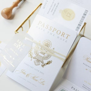 Passport Wedding Save the Date Vellum with Gold Foil Boarding Pass,Wedding Abroad, Destination Wedding, Travel Wedding, Plane Ticket USA