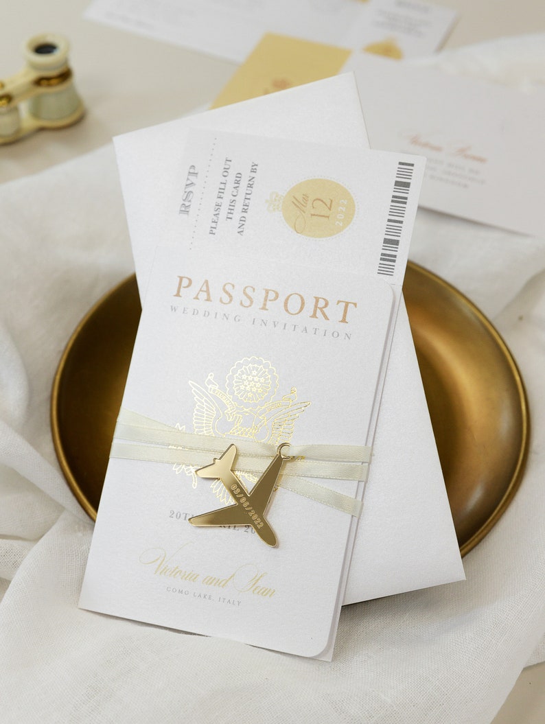 Sage Green Invite Luxury Passport Wedding Invitation Plane Engraved, Gold Foil Boarding Pass,Wedding Abroad, Destination Wedding, Travel image 9