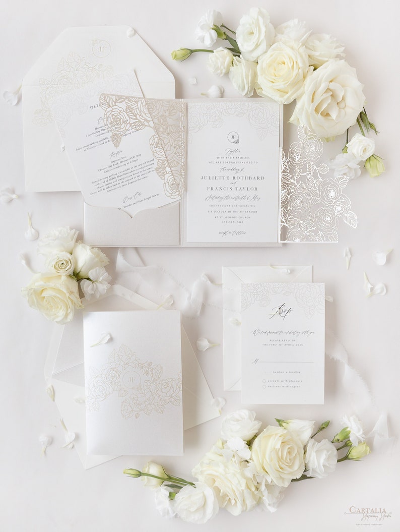 Luxurious Pearl Foil Intricate Laser Cut Roses Wedding Invitation Suite with Rsvp Detail & Belly Band Style Wrap, Pocketfold Invitation image 1