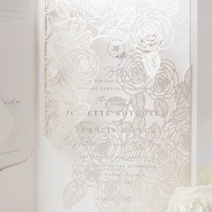 Luxurious Pearl Foil Intricate Laser Cut Roses Wedding Invitation Suite with Rsvp Detail & Belly Band Style Wrap, Pocketfold Invitation image 3