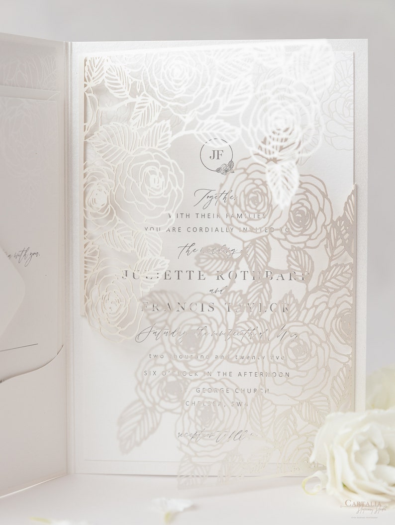 Luxurious Pearl Foil Intricate Laser Cut Roses Wedding Invitation Suite with Rsvp Detail & Belly Band Style Wrap, Pocketfold Invitation image 3