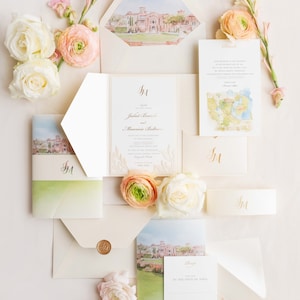 Puede incluir: Conjunto de invitaciones de boda con ilustraciones de acuarela de un edificio y un mapa. La invitación incluye los nombres de la pareja, "Juliet Bonsole y Maurice Bellrose", y la fecha "Sábado, cinco de abril".