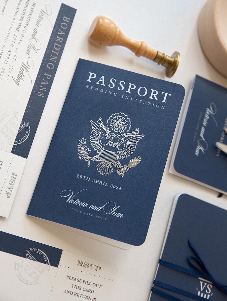 United States Passport Wedding Invitation Luxury Passport with Plane Engraved, Foil Boarding Pass,Wedding Abroad,Destination Wedding,Travel zdjęcie 5