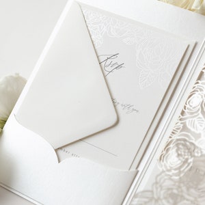 Luxurious Pearl Foil Intricate Laser Cut Roses Wedding Invitation Suite with Rsvp Detail & Belly Band Style Wrap, Pocketfold Invitation image 6