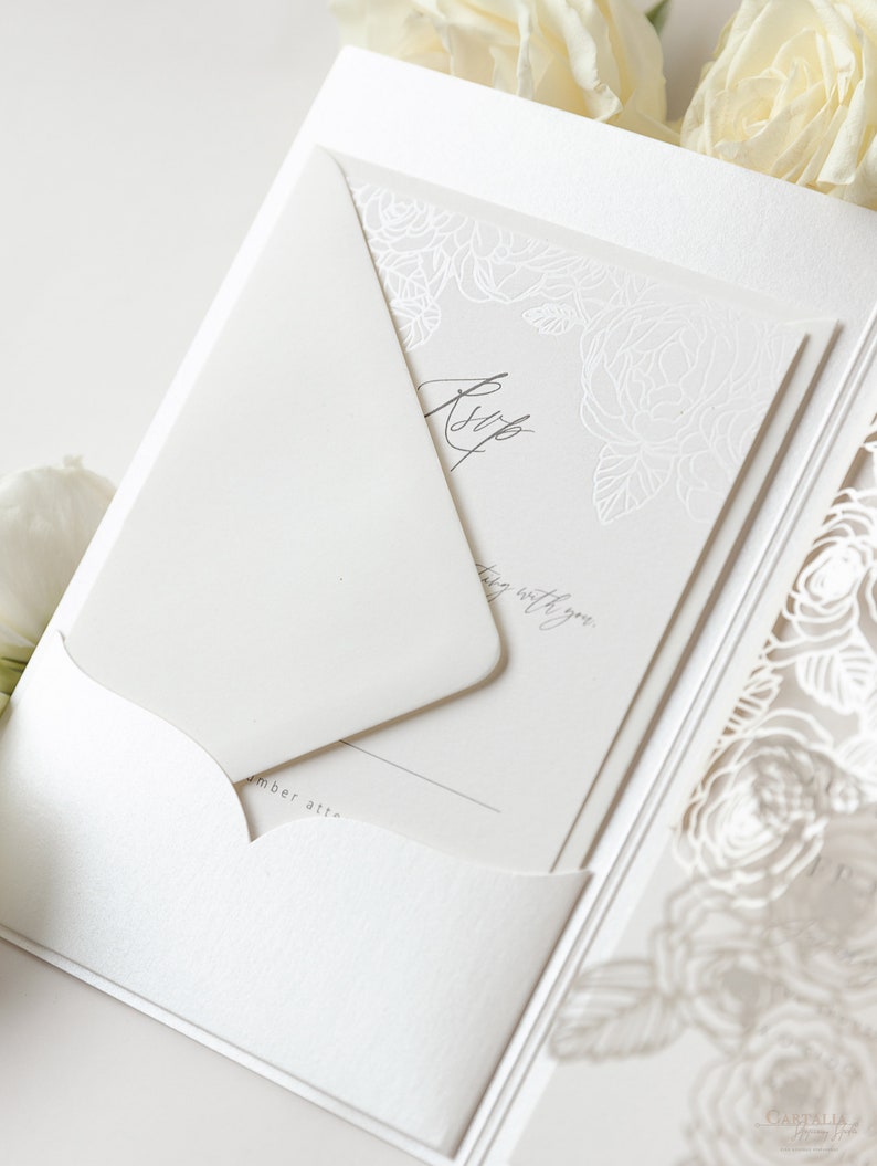 Luxurious Pearl Foil Intricate Laser Cut Roses Wedding Invitation Suite with Rsvp Detail & Belly Band Style Wrap, Pocketfold Invitation image 6