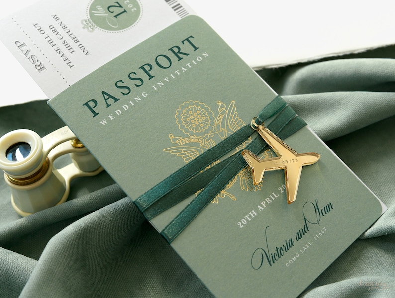 Buy Sage Green Passport Wedding Invitation Luxury Engraved Plane in