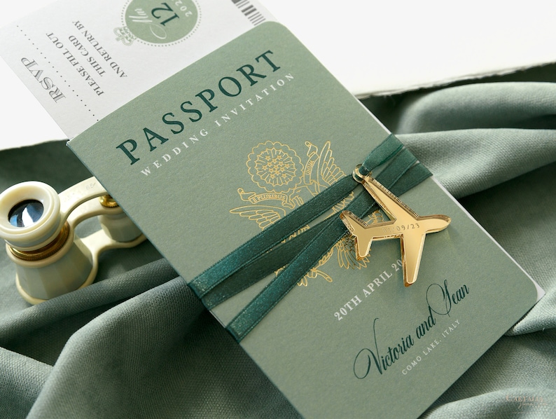 Sage Green Invite Luxury Passport Wedding Invitation Plane Engraved, Gold Foil Boarding Pass,Wedding Abroad, Destination Wedding, Travel image 1