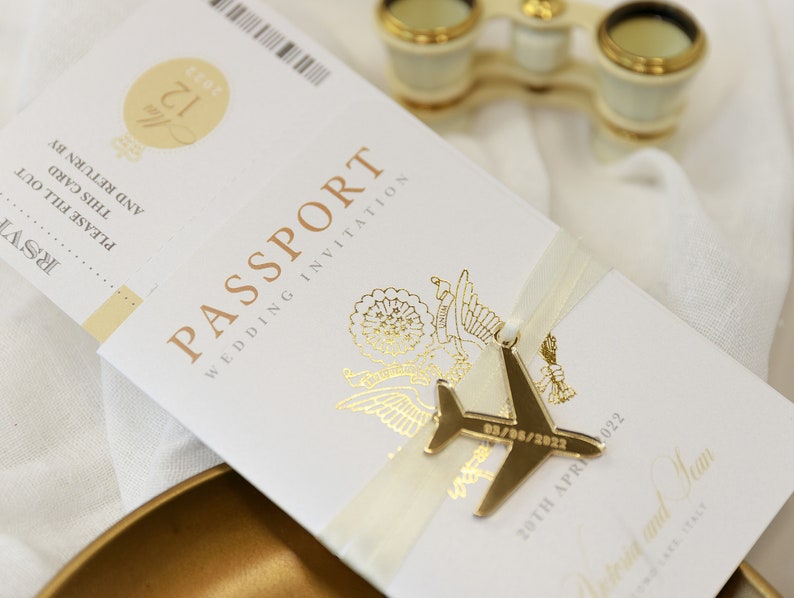 Gold Invite Plane Luxury Passport Wedding Invitation Plane Engraved, Gold Foil Boarding Pass,Wedding Abroad, Destination Wedding,Travel image 1