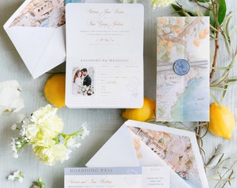 Amalfi Coast Passport Invitation, Lemon Italian Wedding Suite with Custom Vellum Watercolour Skyline | Personalised Monogram and Wax Seal