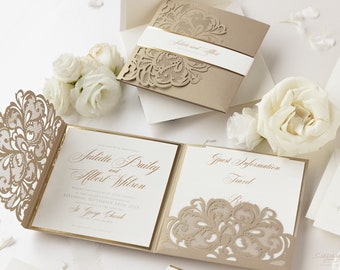 Luxury Laser Cut Pocketfold Wedding Invitation Old Gold & Gold Backing 3 Inserts : Rsvp with Envelope , Travel, Guest Info Pocket Invitation