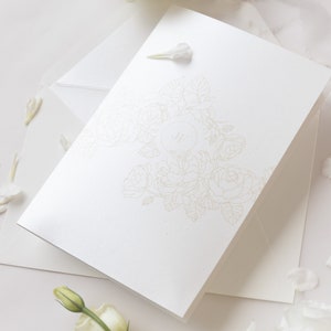 Luxurious Pearl Foil Intricate Laser Cut Roses Wedding Invitation Suite with Rsvp Detail & Belly Band Style Wrap, Pocketfold Invitation image 2