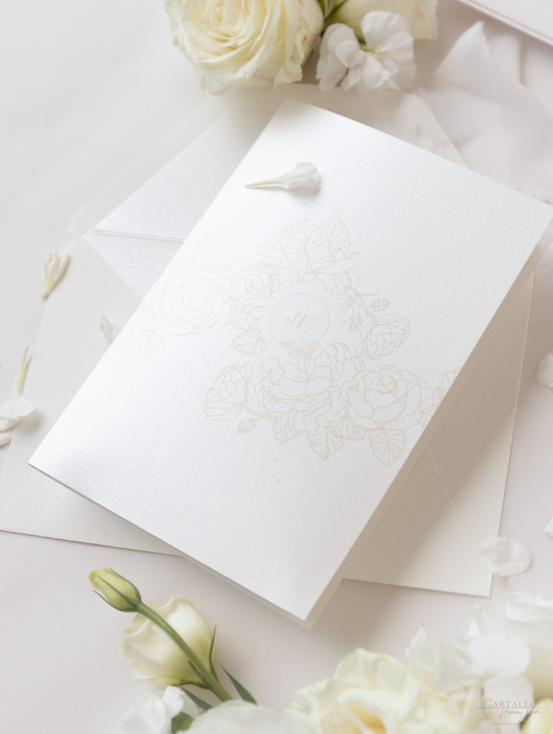 Luxurious Pearl Foil Intricate Laser Cut Roses Wedding Invitation Suite with Rsvp Detail & Belly Band Style Wrap, Pocketfold Invitation image 2