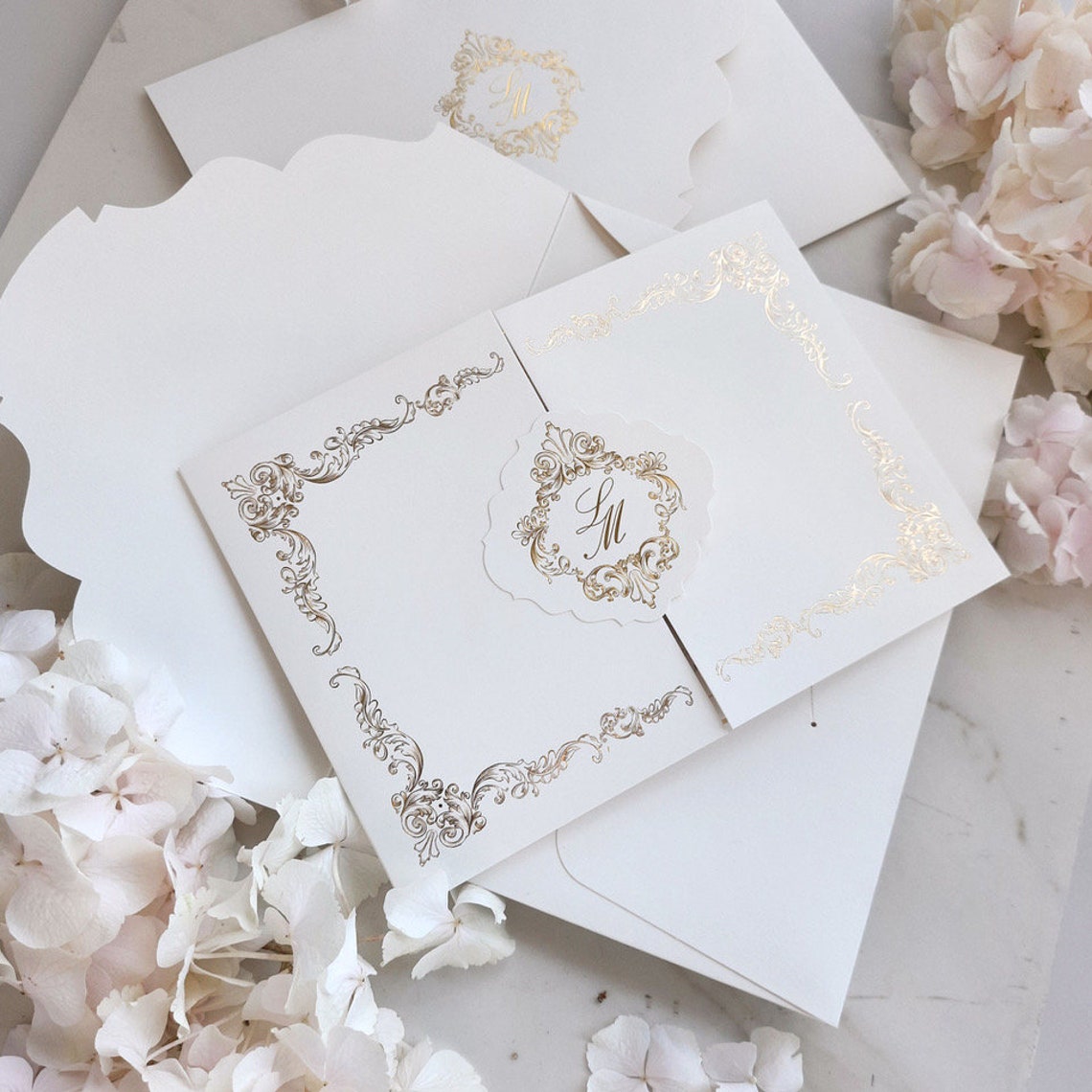 Luxury Wedding Invitation Pocket fold suite in Gold Foil