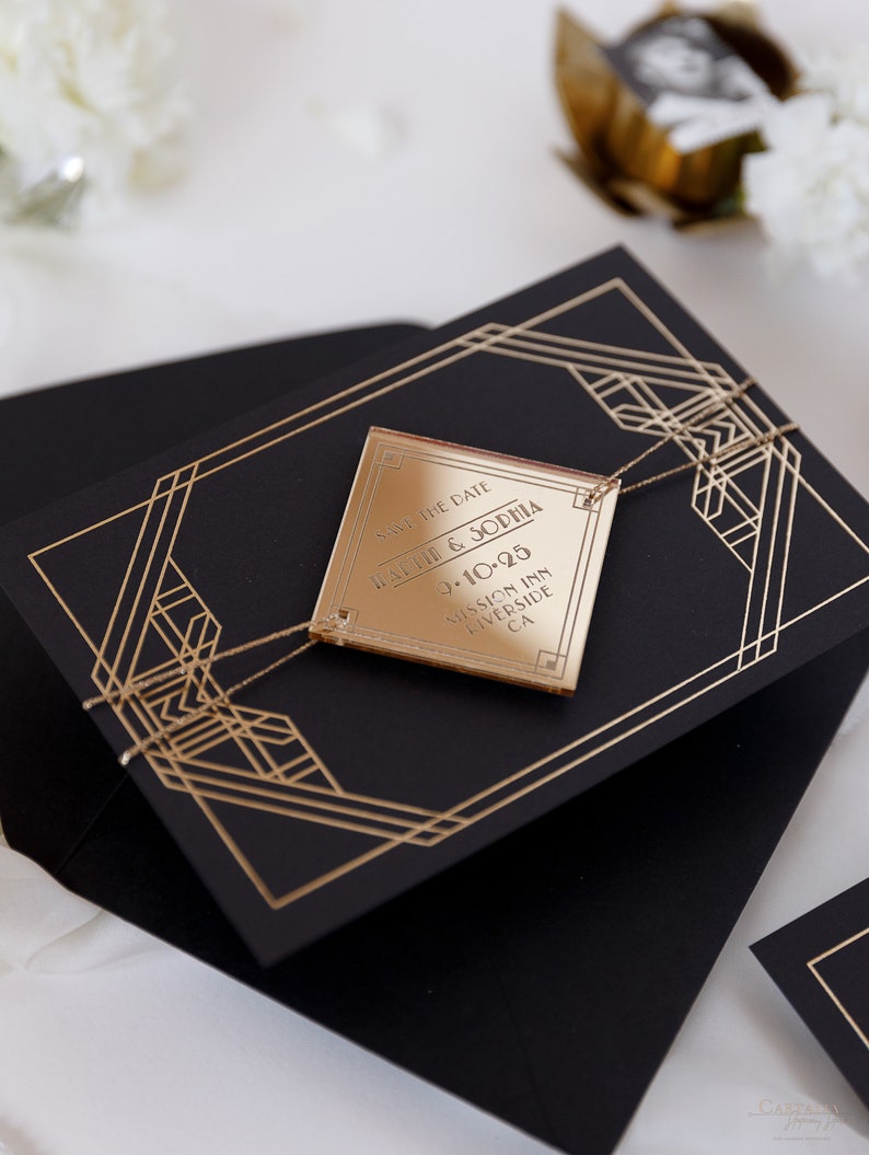 Luxurious Art Deco Great Gatsby Save the Date with Magnet Plexi Mirror Acrylic Diamond, Black & Gold Save The Date Cards, Wedding Invite image 4