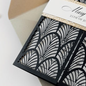 Black Laser cut, Art Deco, Gold Great Gatsby 1920's Personalized Gatefold Wedding Invitation, Glitter Custom Monogram & Envelope, Die Cut image 3