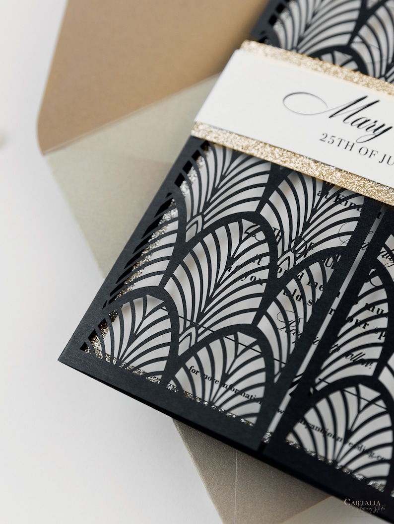 Black Laser cut, Art Deco, Gold Great Gatsby 1920's Personalized Gatefold Wedding Invitation, Glitter Custom Monogram & Envelope, Die Cut image 3