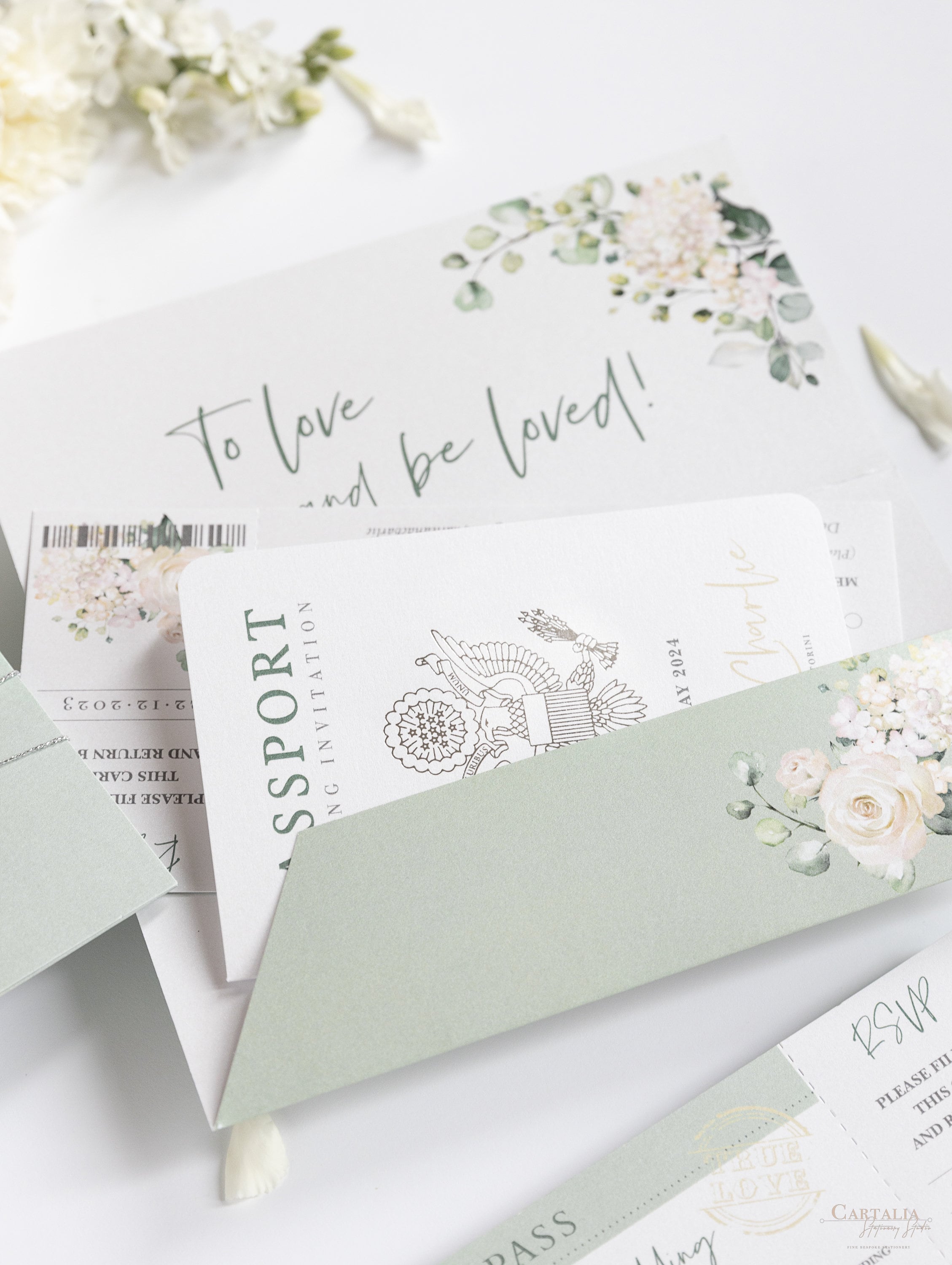 Luxury Sage Green Wedding Passport Folder Wallet | Elegant Passport Invite with Mirror Plane Tag & Boarding Pass | Destination Wedding Suite