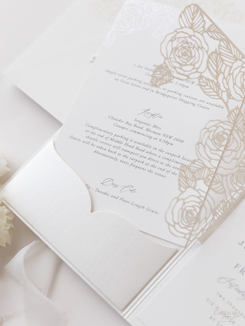 Luxurious Pearl Foil Intricate Laser Cut Roses Wedding Invitation Suite with Rsvp Detail & Belly Band Style Wrap, Pocketfold Invitation image 9