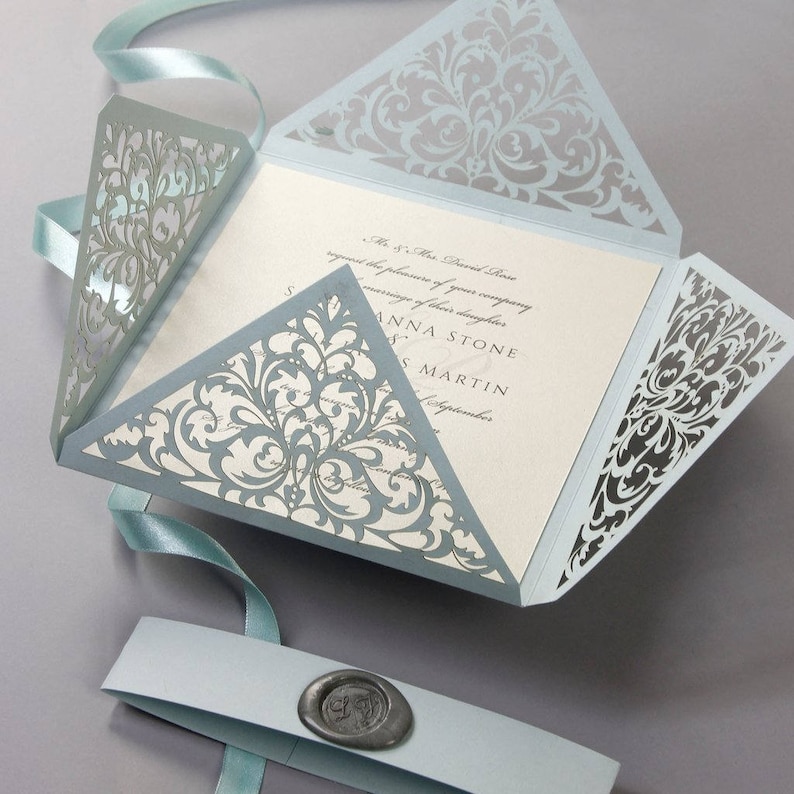 Dusty Blue Luxury Pocket Envelope Laser cut Wedding