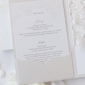 Luxurious Pearl Foil Intricate Laser Cut Roses Wedding Invitation Suite with Rsvp Detail & Belly Band Style Wrap, Pocketfold Invitation image 7