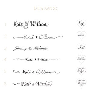 Puede incluir: Seis opciones de dise&ntilde;o de boda diferentes para los nombres de una pareja. Los dise&ntilde;os incluyen una variedad de fuentes y estilos, incluido un s&iacute;mbolo de coraz&oacute;n. Los dise&ntilde;os se muestran con los nombres de la pareja, como "Kate & William" y "Jimmy & Melanie".
