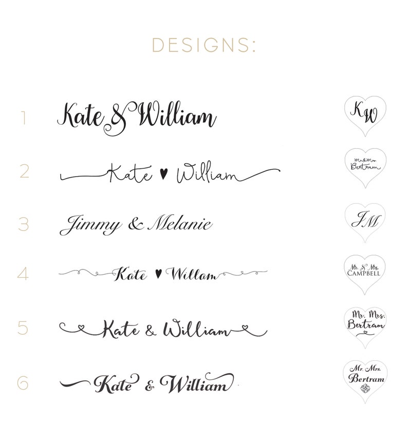 Puede incluir: Seis opciones de dise&ntilde;o de boda diferentes para los nombres de una pareja. Los dise&ntilde;os incluyen una variedad de fuentes y estilos, incluido un s&iacute;mbolo de coraz&oacute;n. Los dise&ntilde;os se muestran con los nombres de la pareja, como "Kate & William" y "Jimmy & Melanie".