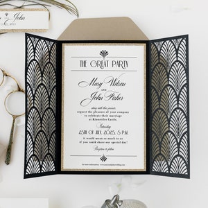 Black Laser cut, Art Deco, Gold Great Gatsby 1920's Personalized Gatefold Wedding Invitation, Glitter Custom Monogram & Envelope, Die Cut image 6