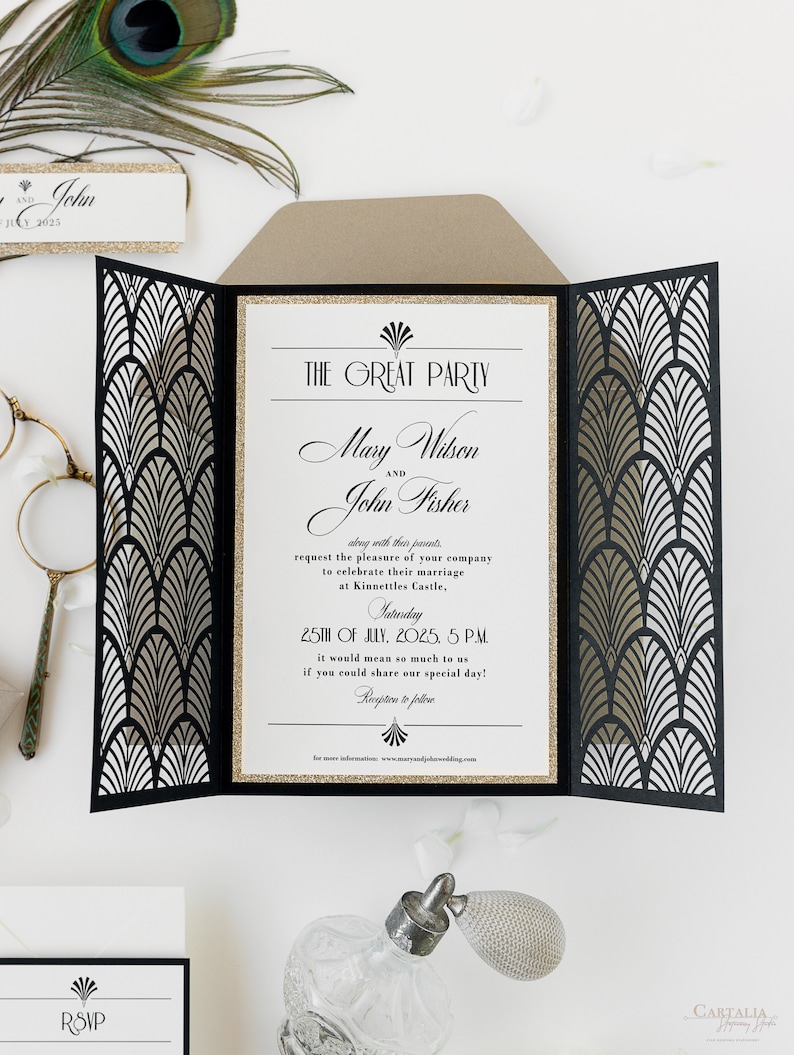 Black Laser cut, Art Deco, Gold Great Gatsby 1920's Personalized Gatefold Wedding Invitation, Glitter Custom Monogram & Envelope, Die Cut image 6