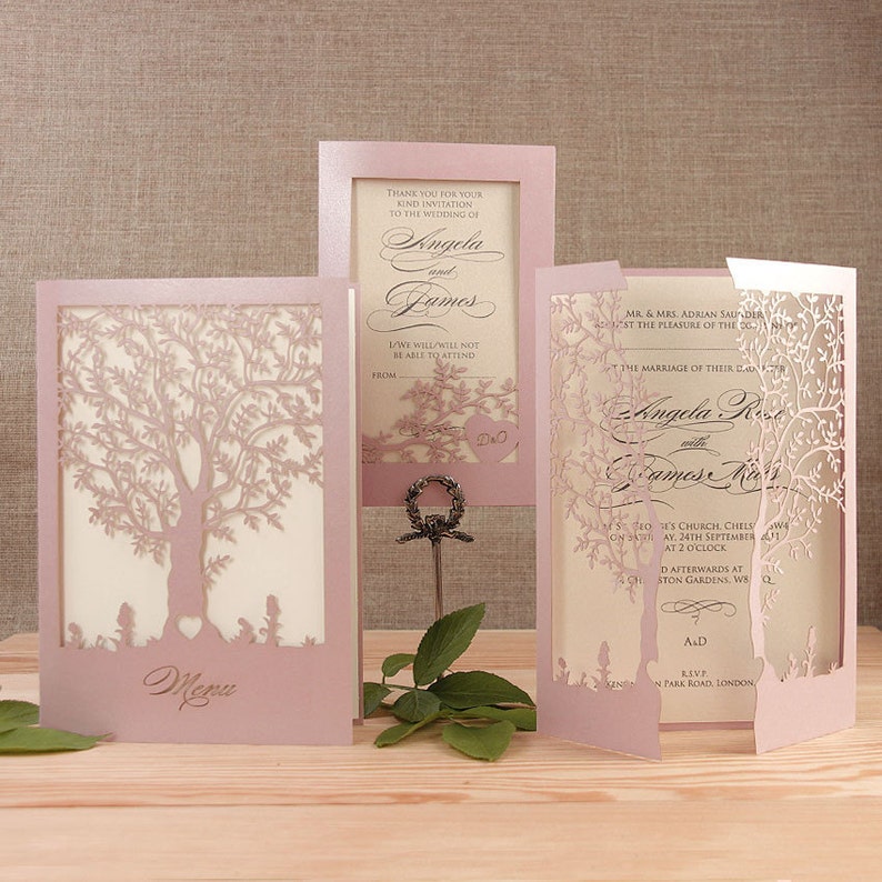 Rustical Laser Cut Tree Card Metallic Blush Pink Day Etsy UK