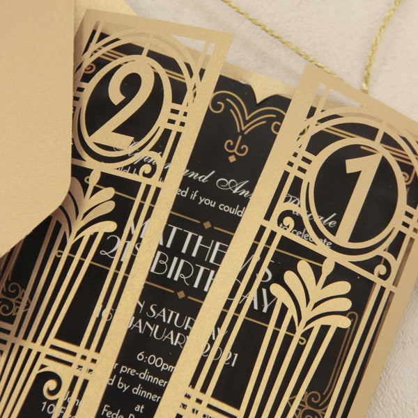 Birthday Art Deco Great Gatsby Personalized Gatefold Event Invitation Monogram , Hollywood Invite & Envelope , Golden Lasercut Gate, Vintage