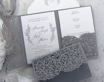 Intricate Laser Cut Ash Grey Pocket Suite Boho Pocketfold Wedding Invitation 3 inserts RSVP + Info Card & Monogramed Envelope Liner