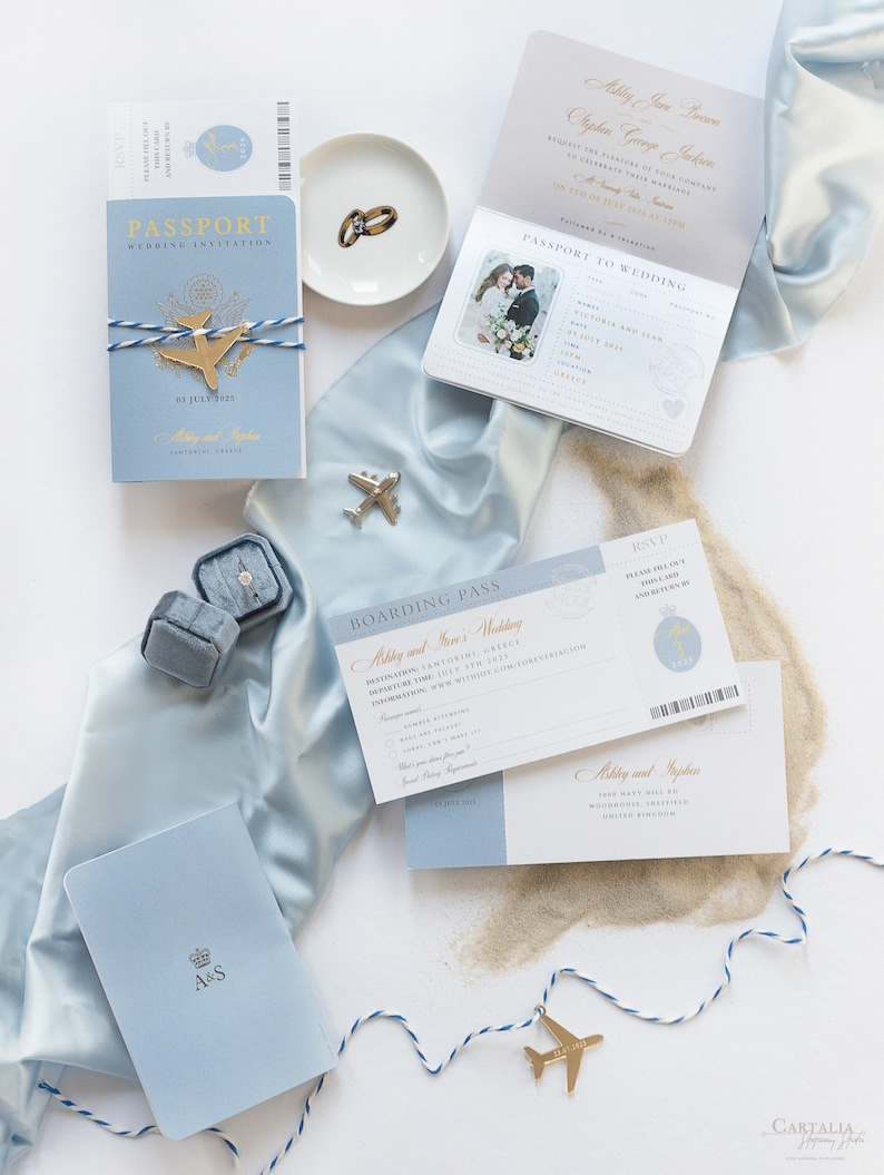 Santorini Blue Invite Luxury Passport Wedding Invitation Plane Engraved, Gold Foil Boarding Pass,Wedding Abroad, Destination Wedding, Travel image 2