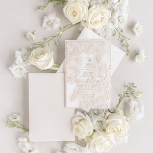 Rose Detail Laser Cut, Elegant Wedding Card Pearl Foil with Intricate Laser Cut Die Cut Rose Detail Wrap Day Invitation Envelopes image 4