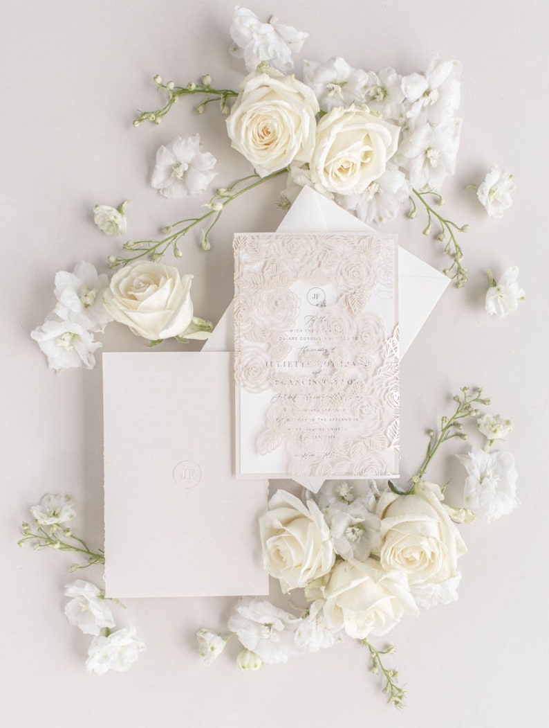 Rose Detail Laser Cut, Elegant Wedding Card Pearl Foil with Intricate Laser Cut Die Cut Rose Detail Wrap Day Invitation Envelopes image 4