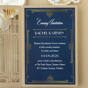 May include: A navy blue invitation card with gold trim and the text "Evening Invitation", "Rachel & Steven", "Request the pleasure of your company at their evening reception for drinks and dinner", "04.08.2025", "seven o'clock in the afternoon at The Gate House, Summer Manor", and "871 Lobster Avenue, Cheshire".