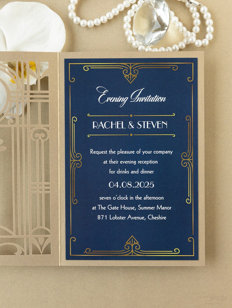 May include: A navy blue invitation card with gold trim and the text "Evening Invitation", "Rachel & Steven", "Request the pleasure of your company at their evening reception for drinks and dinner", "04.08.2025", "seven o'clock in the afternoon at The Gate House, Summer Manor", and "871 Lobster Avenue, Cheshire".