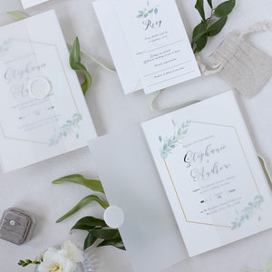 White Wax Seal Monogram Invitation, Vellum Folder Wrap Wedding Foliage Wedding Invitation, Day Invitation Set with RSVP Cards
