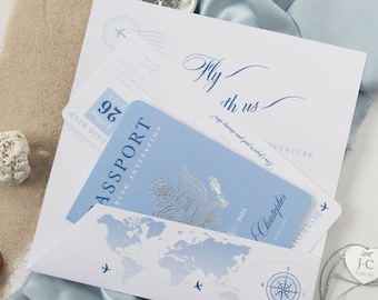 Luxury Dusty Blue Passport Wedding Invitation Folder | SAMPLE