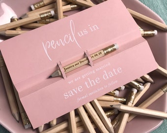Pencil Save The Dates Personalised Luxury Card & White Foil + Engraved Pencil + Free Envelope , Modern Save Our Date , Wedding Date Pencil
