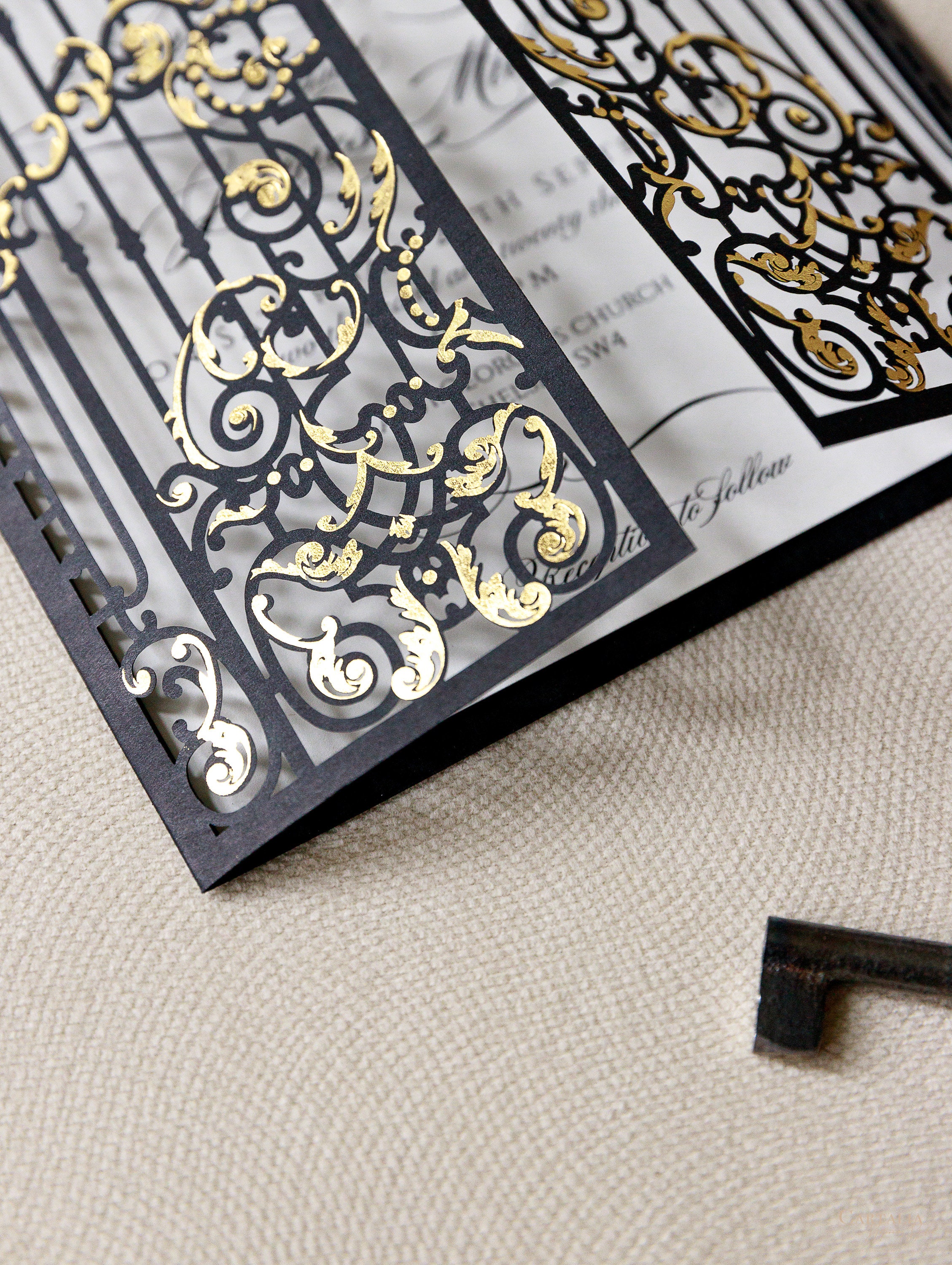 Black and Gold Floral Laser Cut Wedding Invitation with Delicate