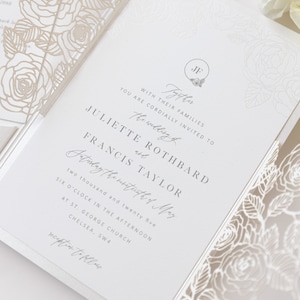 Luxurious Pearl Foil Intricate Laser Cut Roses Wedding Invitation Suite with Rsvp Detail & Belly Band Style Wrap, Pocketfold Invitation image 4