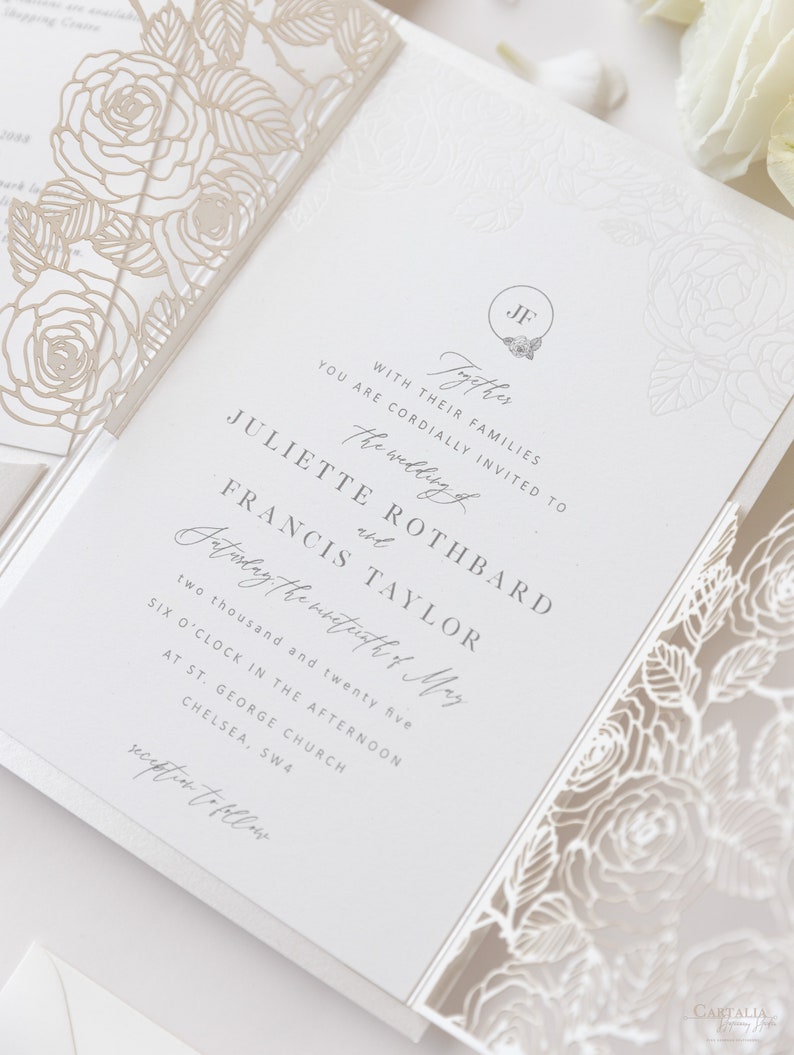 Luxurious Pearl Foil Intricate Laser Cut Roses Wedding Invitation Suite with Rsvp Detail & Belly Band Style Wrap, Pocketfold Invitation image 4