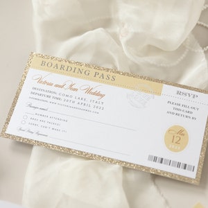 Luxury Passport Wedding Invitation Glitter Champagne and Gold Foil Boarding Pass Invite,Wedding Abroad, Destination Wedding, Travel, Ticket image 7