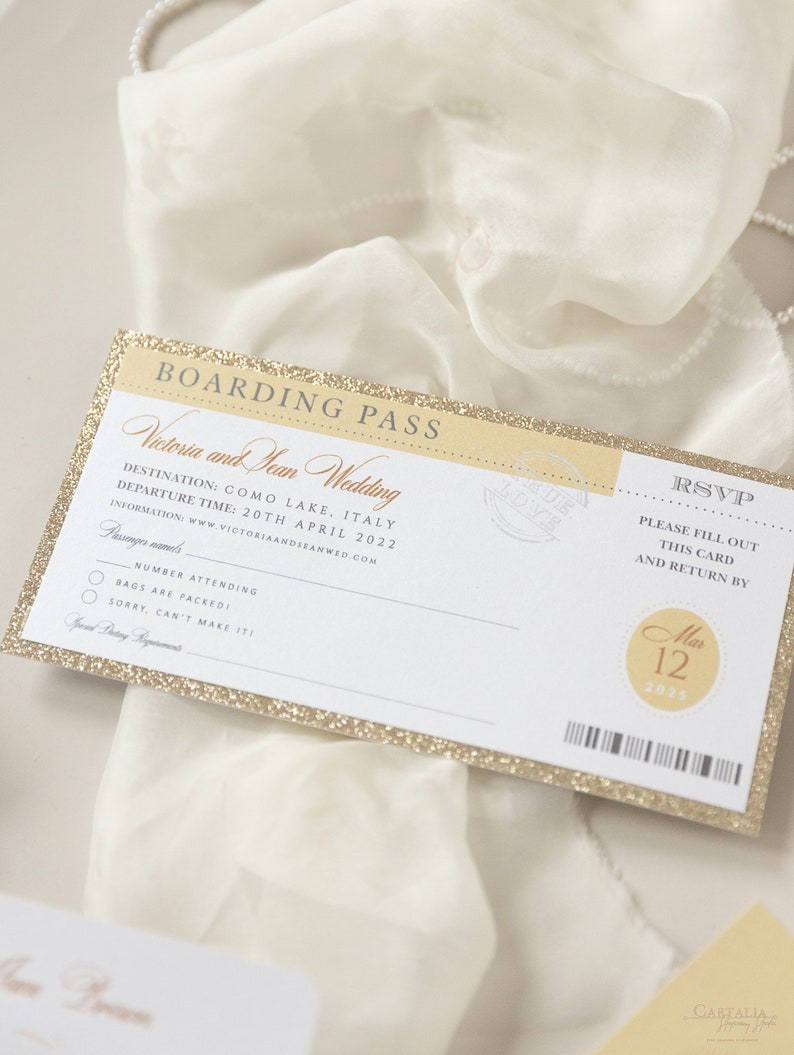 Luxury Passport Wedding Invitation Glitter Champagne and Gold Foil Boarding Pass Invite,Wedding Abroad, Destination Wedding, Travel, Ticket image 7